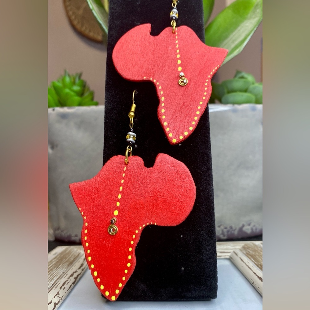 NEW Red Mbao Wooden Hand carved Boho African Earrings w/Brass and Glass Beads